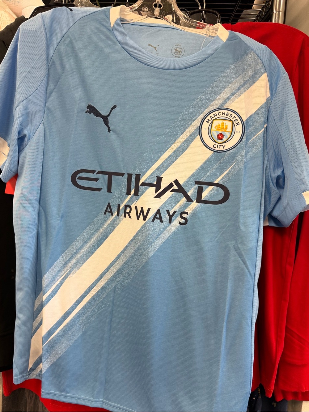 Puma Light Blue Manchester City Soccer Jersey with White Stripes multiple sizes